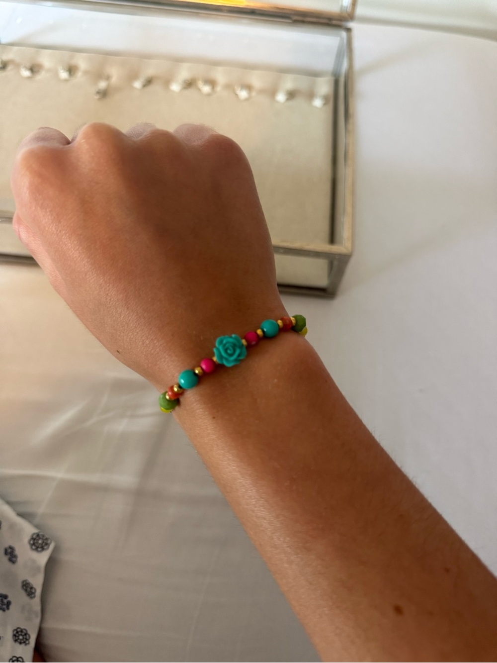 Colorful Beaded Flower Bracelet - Turquoise, Hot Pink & Lime